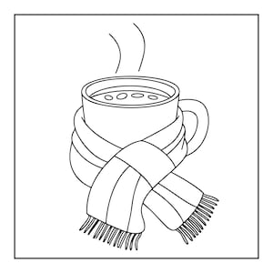 May include: A black and white line art illustration of a ceramic mug filled with a hot beverage, indicated by two steam swirls rising from the top. The mug is wrapped in a thick, fringed scarf that crosses over the front of the vessel.