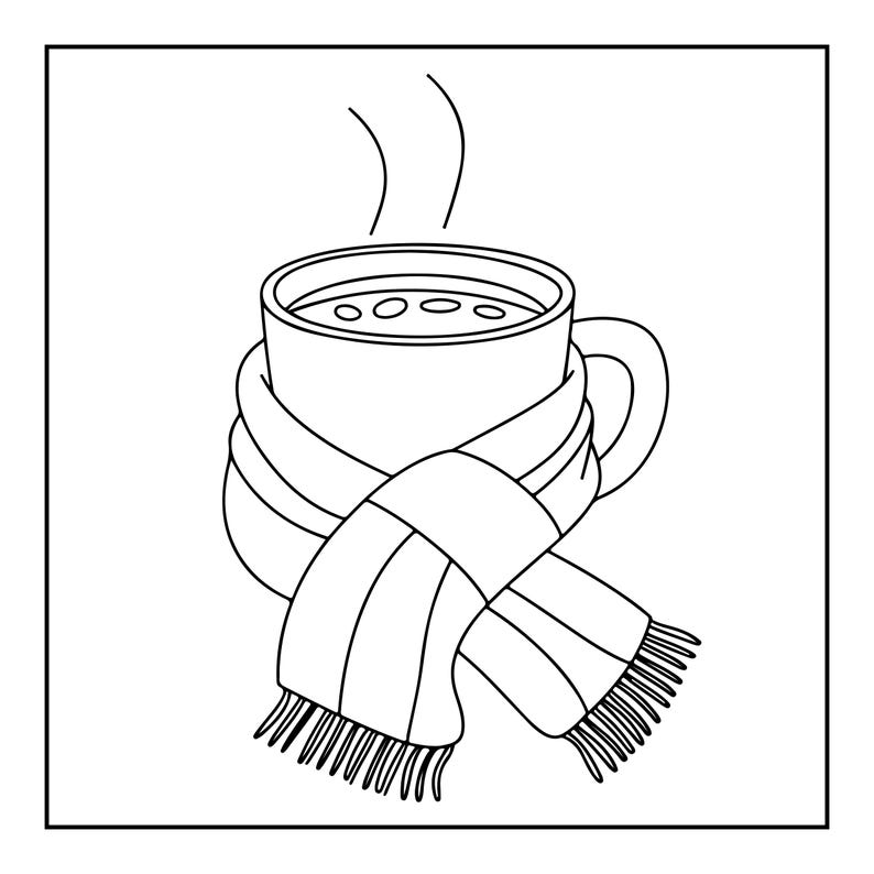 May include: A black and white line art illustration of a ceramic mug filled with a hot beverage, indicated by two steam swirls rising from the top. The mug is wrapped in a thick, fringed scarf that crosses over the front of the vessel.