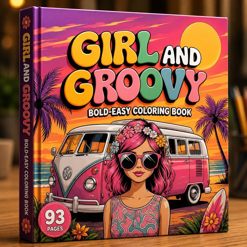 Op de afbeelding: Een vierkant kleurboek getiteld Girl and Groovy Bold-Easy Coloring Book met 93 pagina's. De kaft toont een roze busje, een persoon met roze haar, een zonnebril en een bloemenkrans, palmbomen en een surfplank tegen een zonsonderganghemel.