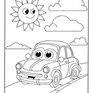 Puede incluir: Una ilustraci&oacute;n en blanco y negro para colorear que muestra un sol sonriente con ojos grandes, nubes esponjosas y un coche peque&ntilde;o con ojos expresivos conduciendo por una carretera. El coche tiene faros redondos y un parachoques delantero.