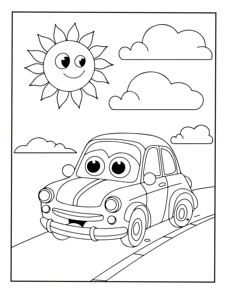 Puede incluir: Una ilustraci&oacute;n en blanco y negro para colorear que muestra un sol sonriente con ojos grandes, nubes esponjosas y un coche peque&ntilde;o con ojos expresivos conduciendo por una carretera. El coche tiene faros redondos y un parachoques delantero.