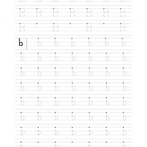 A tracing worksheet showing rows of lowercase letter b dotted guidelines on lined paper.