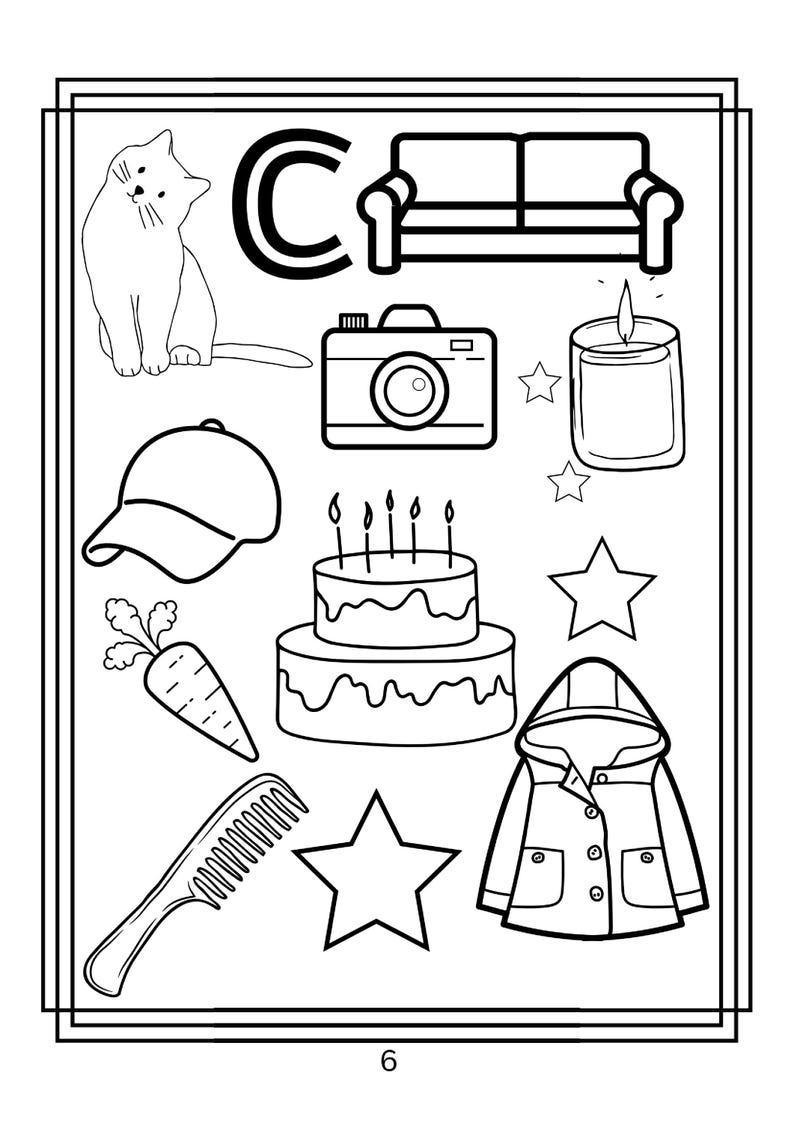 Puede incluir: Una p&aacute;gina para colorear en blanco y negro con la letra C, un gato, un sof&aacute;, una c&aacute;mara, una vela, una gorra de b&eacute;isbol, un pastel de cumplea&ntilde;os de dos pisos con velas, una zanahoria, un peine, una chaqueta con capucha y tres estrellas.