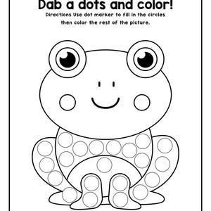A black and white printable coloring worksheet featuring a smiling frog outline with dot marker circles on its body.