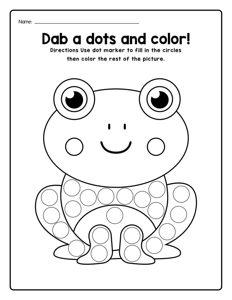 A black and white printable coloring worksheet featuring a smiling frog outline with dot marker circles on its body.