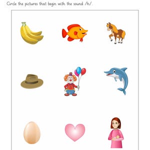 Op de afbeelding: Een fonetisch werkblad met de titel Circle the pictures that begin with the sound /h/. De pagina bevat negen illustraties: een tros gele bananen, een oranje vis, een bruin paard, een bruine hoed, een clown met ballonnen, een blauwe dolfijn, een beige ei, een roze hart en een persoon in een roze shirt.