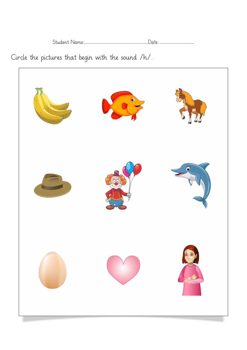 Op de afbeelding: Een fonetisch werkblad met de titel Circle the pictures that begin with the sound /h/. De pagina bevat negen illustraties: een tros gele bananen, een oranje vis, een bruin paard, een bruine hoed, een clown met ballonnen, een blauwe dolfijn, een beige ei, een roze hart en een persoon in een roze shirt.