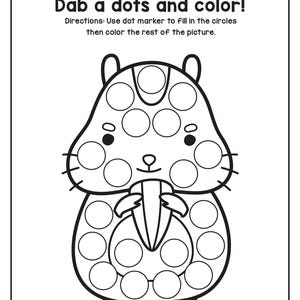 A black and white printable coloring worksheet featuring a hamster eating a seed, with blank circles for dot markers.