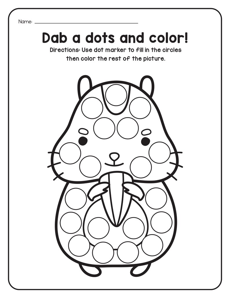 A black and white printable coloring worksheet featuring a hamster eating a seed, with blank circles for dot markers.
