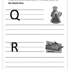 May include: A black and white educational worksheet titled Name, Trace and name each letter. Print each letter on the blank lines. It features the uppercase letters Q and R with directional arrows, a queen illustration, and a ship illustration.