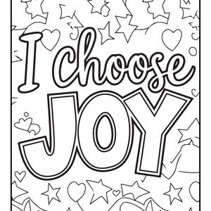 Pu&ograve; includere: Una pagina da colorare in bianco e nero con il testo I choose JOY in un carattere grassetto e delineato. Lo sfondo &egrave; riempito con varie forme, tra cui diverse stelle, cuori e linee curve astratte, presentate in un chiaro stile a tratto.