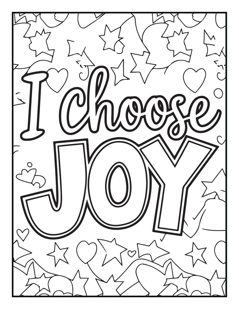 Pu&ograve; includere: Una pagina da colorare in bianco e nero con il testo I choose JOY in un carattere grassetto e delineato. Lo sfondo &egrave; riempito con varie forme, tra cui diverse stelle, cuori e linee curve astratte, presentate in un chiaro stile a tratto.