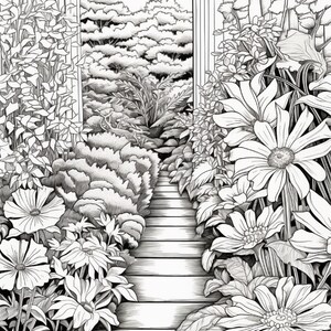 以下が含まれることがあります： 開いた門を通る庭の小道を描いた白黒の線画イラスト。詳細な花、密集した葉、地面の木の板が特徴で、両側の背の高い植物に囲まれ、奥行きのある視点を作り出しています。