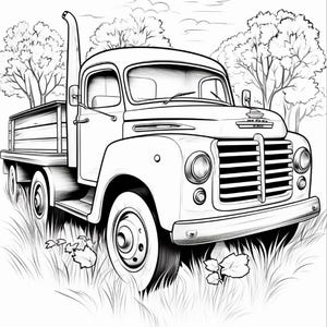May include: A black and white line art illustration of a vintage flatbed lorry parked in a grassy field with trees in the background. The lorry features a prominent vertical exhaust pipe, a large front grille, round headlights, and a cargo bed.