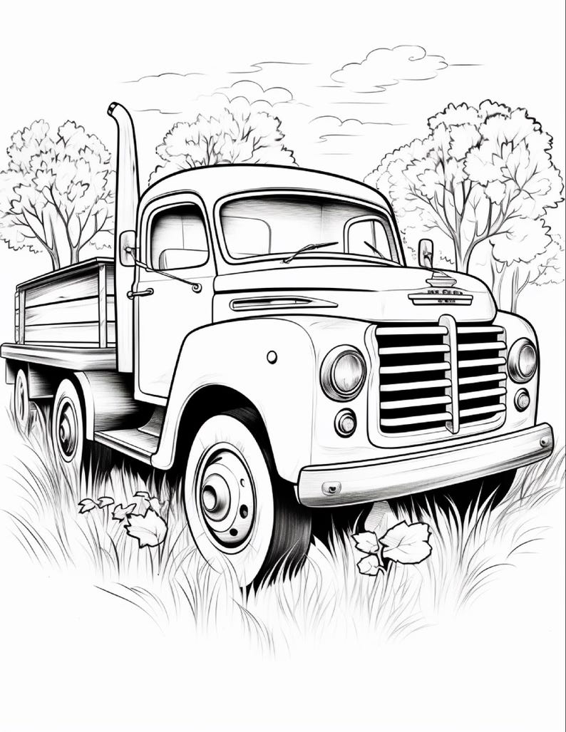 May include: A black and white line art illustration of a vintage flatbed lorry parked in a grassy field with trees in the background. The lorry features a prominent vertical exhaust pipe, a large front grille, round headlights, and a cargo bed.