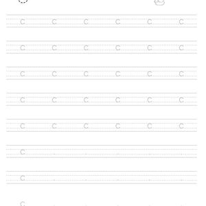 May include: A black and white educational worksheet for handwriting practice featuring the letter C. The page includes a dashed letter C, the word cat, a small cat illustration, and multiple rows of dashed uppercase C characters for tracing.