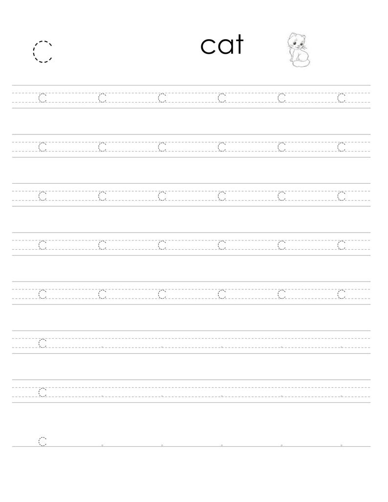 May include: A black and white educational worksheet for handwriting practice featuring the letter C. The page includes a dashed letter C, the word cat, a small cat illustration, and multiple rows of dashed uppercase C characters for tracing.