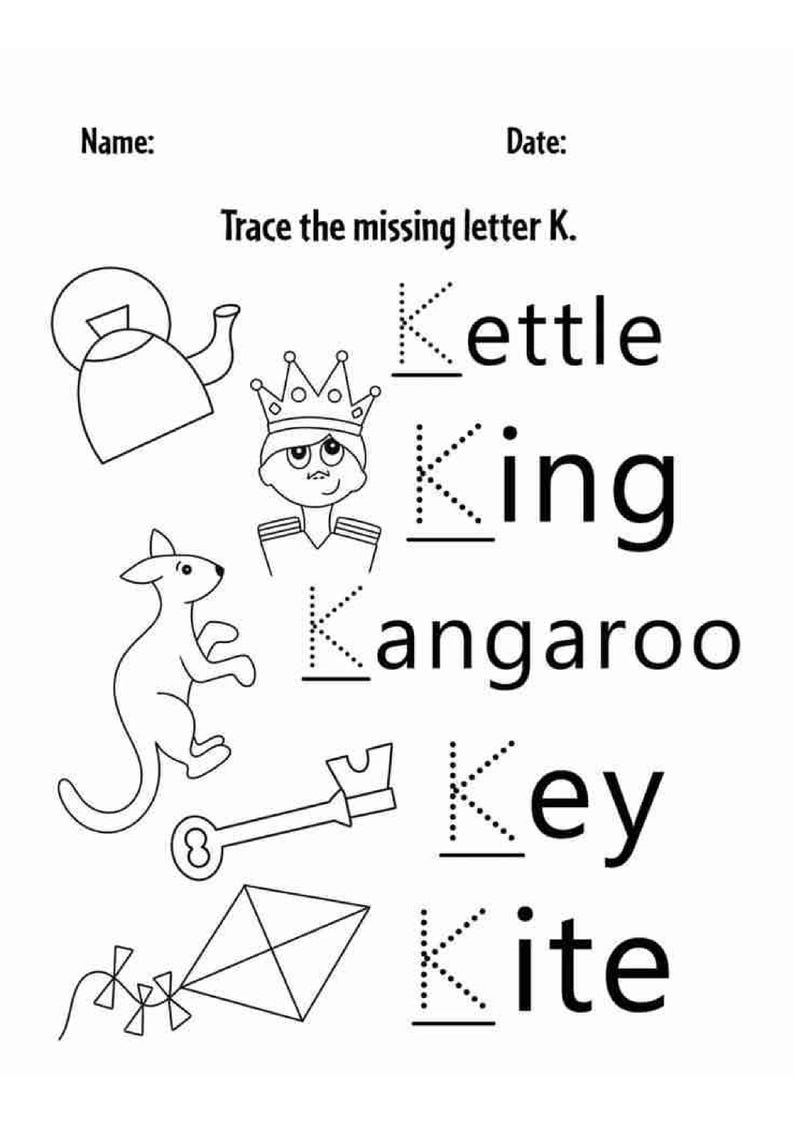 Op de afbeelding: Een zwart-wit educatief werkblad getiteld Trace the missing letter K. Het bevat lijntekeningen van een waterkoker, koning, kangoeroe, sleutel en vlieger, elk gekoppeld aan het woord waarbij de letter K met stippellijnen is weergegeven.