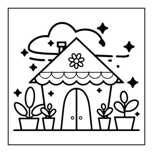 May include: A black and white line art illustration of a small house with a chimney, a flower emblem on the roof, and a scalloped awning over an arched doorway. Four potted plants are arranged in front, surrounded by stars and a cloud.