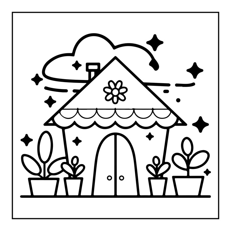 May include: A black and white line art illustration of a small house with a chimney, a flower emblem on the roof, and a scalloped awning over an arched doorway. Four potted plants are arranged in front, surrounded by stars and a cloud.
