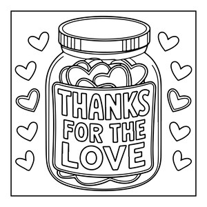 Pode incluir: Uma ilustra&ccedil;&atilde;o de arte linear em preto e branco de um frasco de vidro cheio de formas de cora&ccedil;&atilde;o. O r&oacute;tulo na frente do frasco apresenta o texto THANKS FOR THE LOVE em letras mai&uacute;sculas em negrito. V&aacute;rios contornos de cora&ccedil;&otilde;es individuais cercam o frasco.