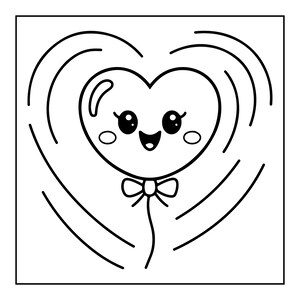 May include: A black and white line art illustration of a heart-shaped balloon with a smiling face, large eyes, and rosy cheeks. The balloon features a small bow at the base and is surrounded by curved motion lines, all enclosed within a square border.
