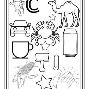 Puede incluir: Una p&aacute;gina para colorear en blanco y negro con la letra C, una vaca, un camello, un coche, un cangrejo, una lata de refresco, una taza, una mazorca de ma&iacute;z, un clip de carpeta, un clip, tres estrellas y manos aplaudiendo, con el n&uacute;mero 5.