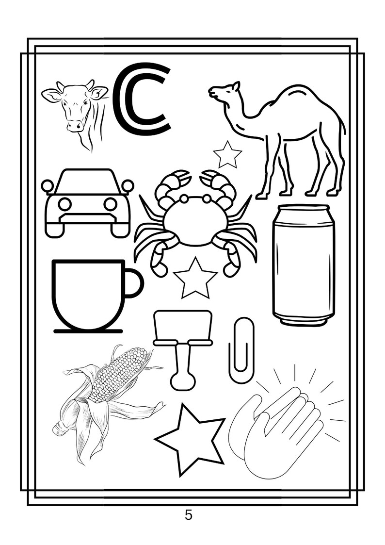 Puede incluir: Una p&aacute;gina para colorear en blanco y negro con la letra C, una vaca, un camello, un coche, un cangrejo, una lata de refresco, una taza, una mazorca de ma&iacute;z, un clip de carpeta, un clip, tres estrellas y manos aplaudiendo, con el n&uacute;mero 5.