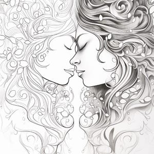 A coloring page showing two faces in profile, facing each other with eyes closed, surrounded by swirling hair and leaves.