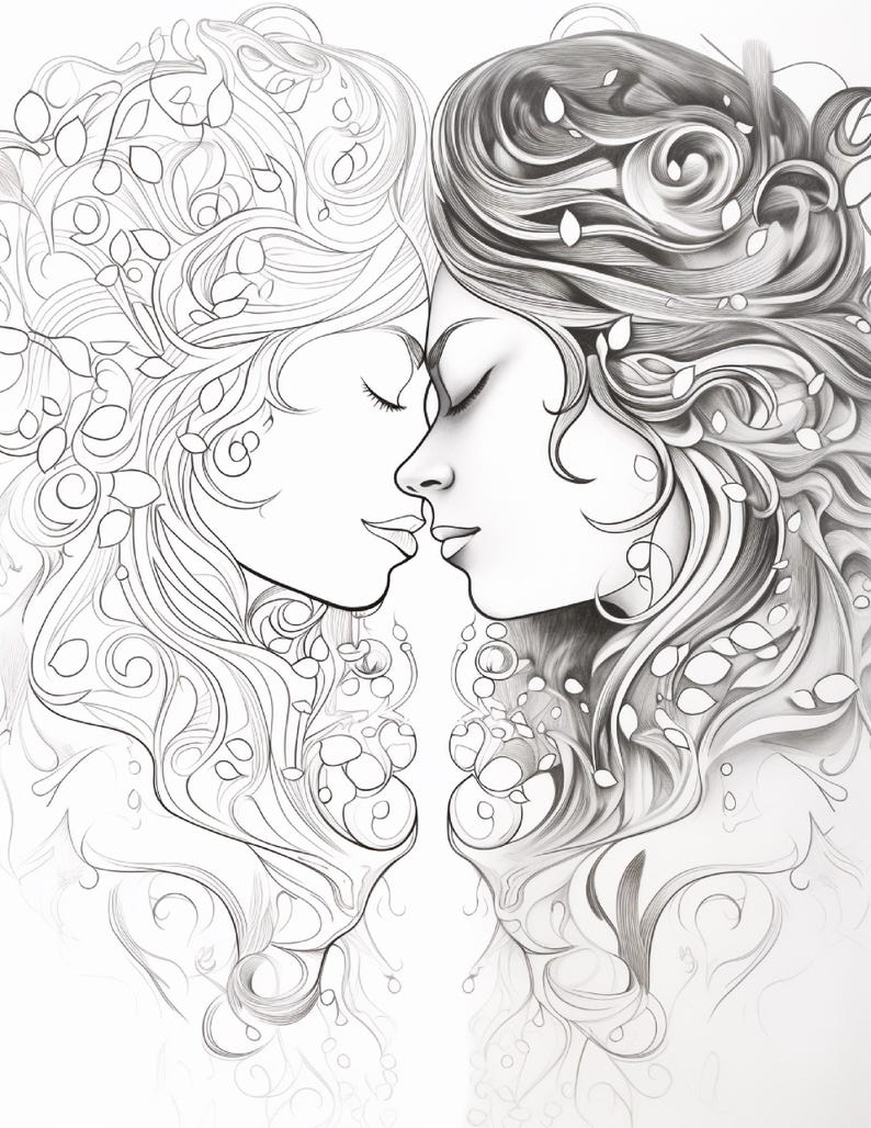 A coloring page showing two faces in profile, facing each other with eyes closed, surrounded by swirling hair and leaves.