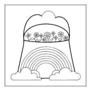 A line drawing of a pot of gold at the end of a rainbow, with flowers in the pot and clouds at the base.