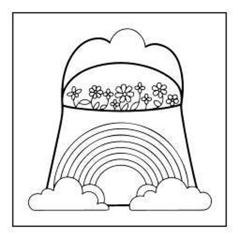 A line drawing of a pot of gold at the end of a rainbow, with flowers in the pot and clouds at the base.