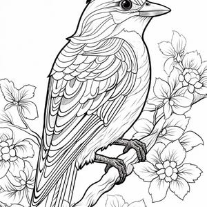 May include: A black and white line art illustration of a bird perched on a flowering branch. The bird features detailed feather patterns and a sharp beak. The surrounding blossoms have five petals each, with visible centers and leaves.