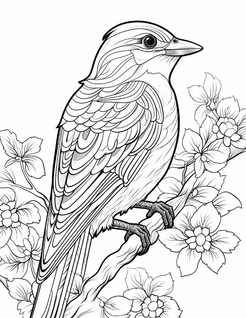 May include: A black and white line art illustration of a bird perched on a flowering branch. The bird features detailed feather patterns and a sharp beak. The surrounding blossoms have five petals each, with visible centers and leaves.