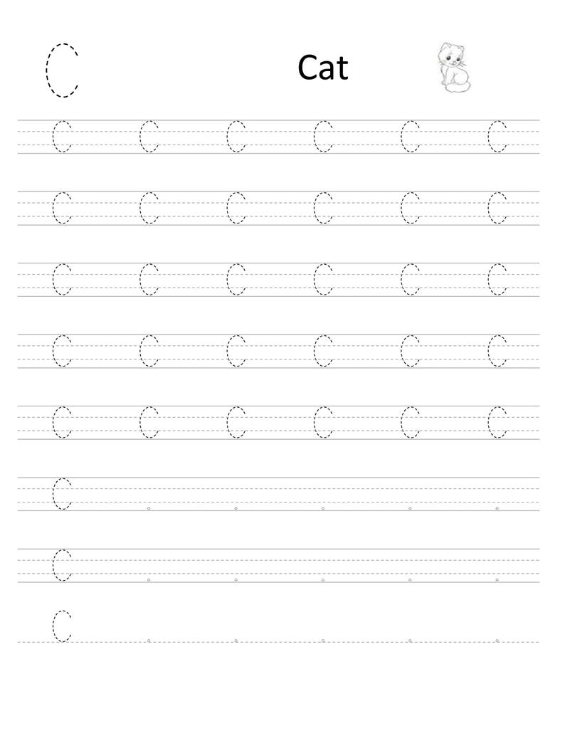 Pode incluir: Uma folha de exerc&iacute;cios educativa branca para praticar a letra C, apresentando a palavra Cat e uma pequena ilustra&ccedil;&atilde;o linear de um gatinho. A p&aacute;gina inclui v&aacute;rias linhas de letras C mai&uacute;sculas pontilhadas para tra&ccedil;ar sobre um fundo pautado.