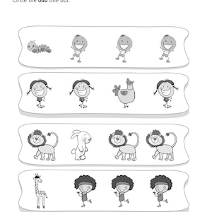 Pu&ograve; includere: Una scheda didattica in bianco e nero intitolata Same and Different (Odd) con l'istruzione Circle the odd one out. Presenta quattro righe di illustrazioni, ognuna contenente tre figure identiche e una figura distinta da identificare.