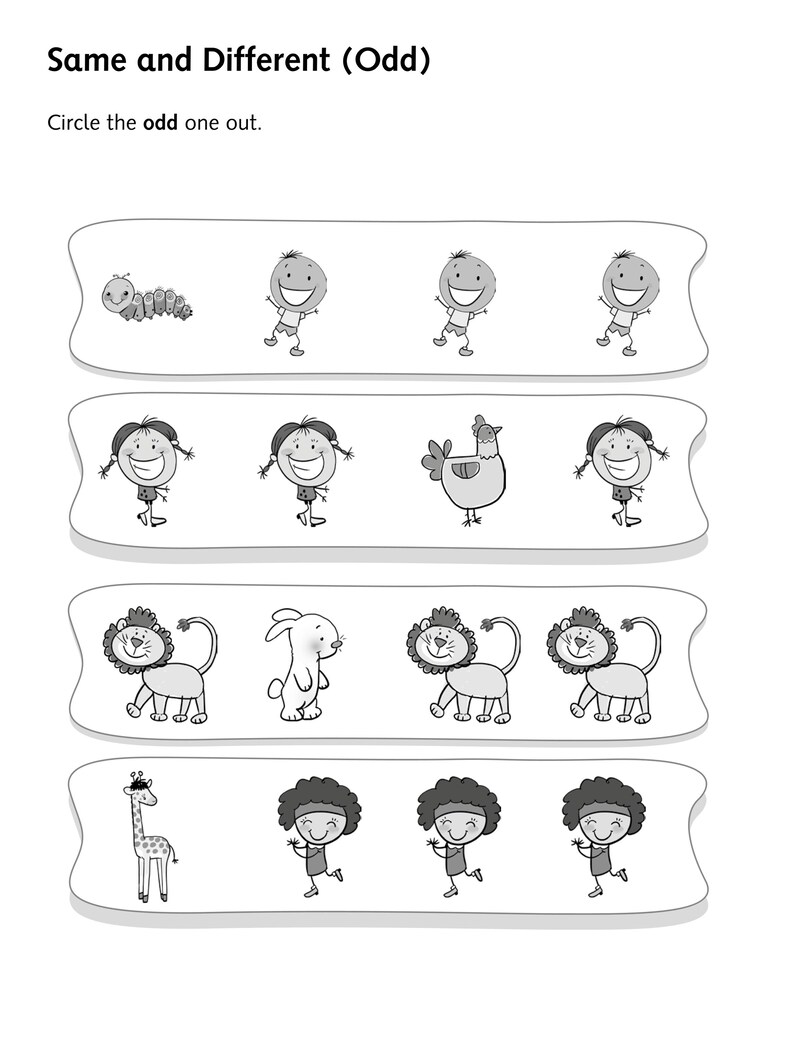 Pu&ograve; includere: Una scheda didattica in bianco e nero intitolata Same and Different (Odd) con l'istruzione Circle the odd one out. Presenta quattro righe di illustrazioni, ognuna contenente tre figure identiche e una figura distinta da identificare.