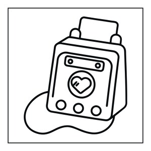 May include: A black and white line art illustration of a compact electronic device with a rectangular screen, a central circular icon featuring a heart shape, and three circular buttons at the bottom. A curved cord extends from the base.