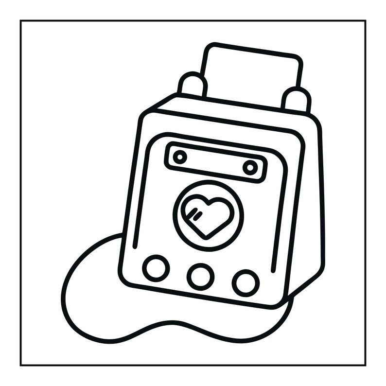 May include: A black and white line art illustration of a compact electronic device with a rectangular screen, a central circular icon featuring a heart shape, and three circular buttons at the bottom. A curved cord extends from the base.