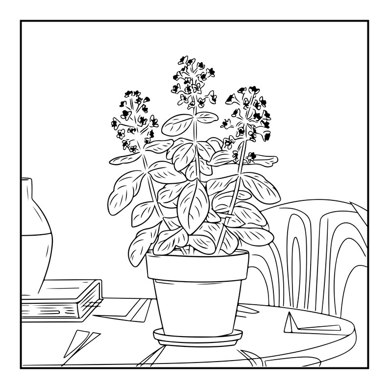 May include: A black and white line art illustration of a potted plant with three flowering stems and broad leaves. The plant sits in a simple cylindrical pot with a saucer on a round table next to a small book and a vase, all rendered in outline.