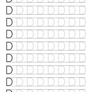 May include: A handwriting practice worksheet featuring nine horizontal rows. Each row begins with a solid black uppercase letter D, followed by eight grey dashed-line versions of the letter D for tracing, all set against a plain white background.