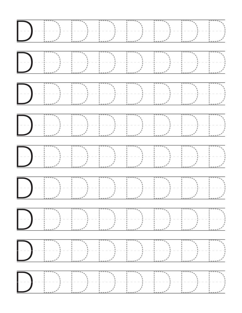 May include: A handwriting practice worksheet featuring nine horizontal rows. Each row begins with a solid black uppercase letter D, followed by eight grey dashed-line versions of the letter D for tracing, all set against a plain white background.