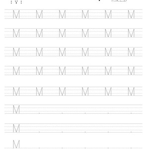 Pode incluir: Uma folha de exerc&iacute;cios educativa em preto e branco para praticar a letra M. A p&aacute;gina apresenta a palavra Monkey, uma pequena ilustra&ccedil;&atilde;o de um macaco e v&aacute;rias linhas de letras M pontilhadas em papel pautado para caligrafia.