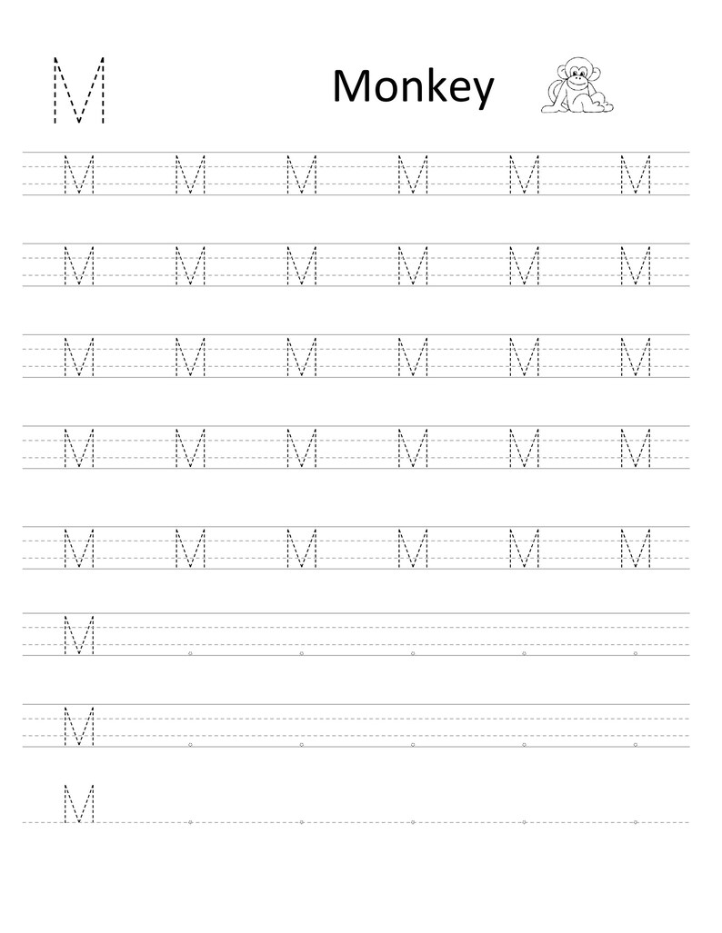 Pode incluir: Uma folha de exerc&iacute;cios educativa em preto e branco para praticar a letra M. A p&aacute;gina apresenta a palavra Monkey, uma pequena ilustra&ccedil;&atilde;o de um macaco e v&aacute;rias linhas de letras M pontilhadas em papel pautado para caligrafia.