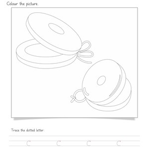 Op de afbeelding: Een zwart-wit werkblad getiteld Topic: Letter 'c' Worksheet met ruimte voor de naam van de leerling en de datum. Het bevat lijntekeningen van twee castagnetten om in te kleuren en een regel om de gestippelde letter 'c' vier keer over te trekken.