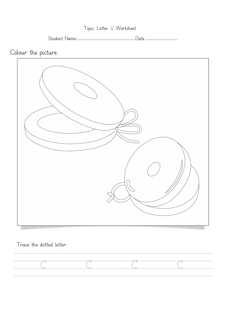 Op de afbeelding: Een zwart-wit werkblad getiteld Topic: Letter 'c' Worksheet met ruimte voor de naam van de leerling en de datum. Het bevat lijntekeningen van twee castagnetten om in te kleuren en een regel om de gestippelde letter 'c' vier keer over te trekken.