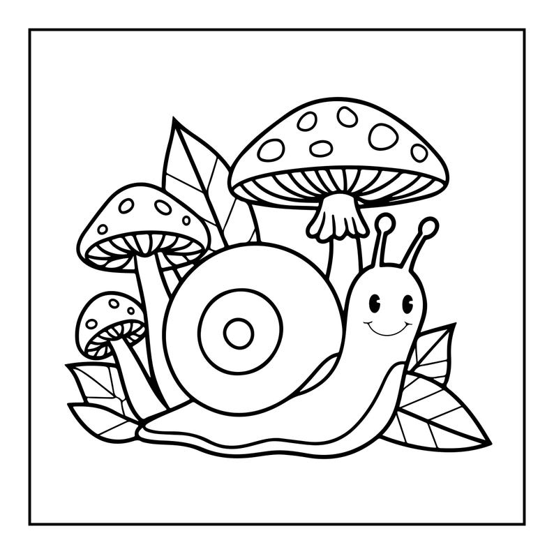 K&ouml;nnte beinhalten: Eine schwarz-wei&szlig;e Strichzeichnung, die eine l&auml;chelnde Schnecke mit einem spiralf&ouml;rmigen Geh&auml;use zeigt, umgeben von drei Pilzen unterschiedlicher Gr&ouml;&szlig;e und mehreren spitzen Bl&auml;ttern, eingefasst in einen einfachen quadratischen Rahmen.