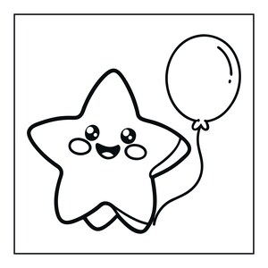 Op de afbeelding: Een zwart-wit lijntekening van een lachend sterretje met grote ogen, roze wangen en een wijd open mond. De ster houdt een enkele ronde ballon vast aan een touwtje, gepresenteerd in een eenvoudige, strakke en gedurfde grafische stijl.