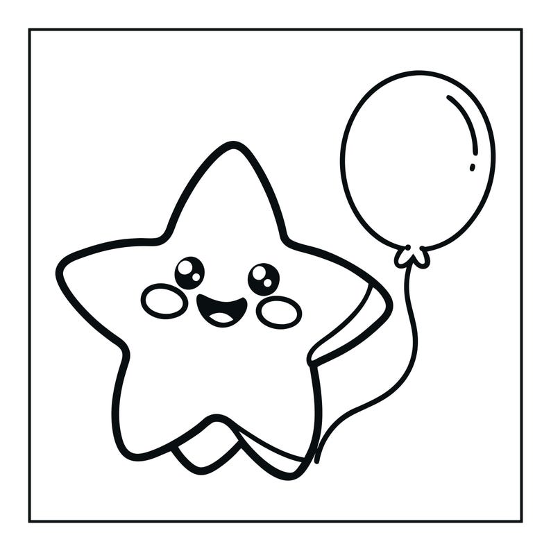 Op de afbeelding: Een zwart-wit lijntekening van een lachend sterretje met grote ogen, roze wangen en een wijd open mond. De ster houdt een enkele ronde ballon vast aan een touwtje, gepresenteerd in een eenvoudige, strakke en gedurfde grafische stijl.