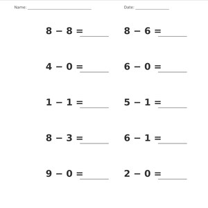 May include: A white educational worksheet titled Subtraction &bull; Single Digit with a gray header. It features ten math problems including 8-8, 8-6, 4-0, 6-0, 1-1, 5-1, 8-3, 6-1, 9-0, and 2-0, with blank lines for Name, Date, and answers. Page 2 of 100.